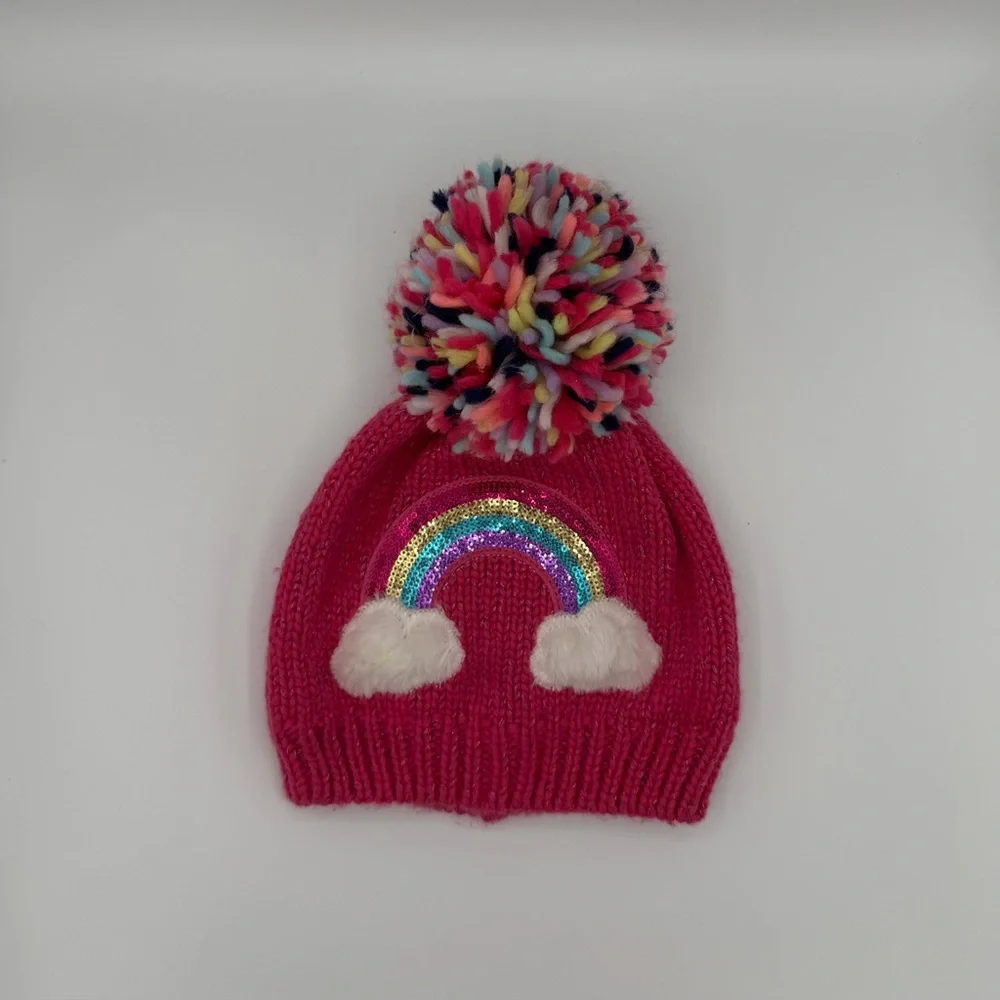Children’s Place Pink Beanie With A Colorful Pom-Pom & Sequin Rainbow. Sz 2T-3T.